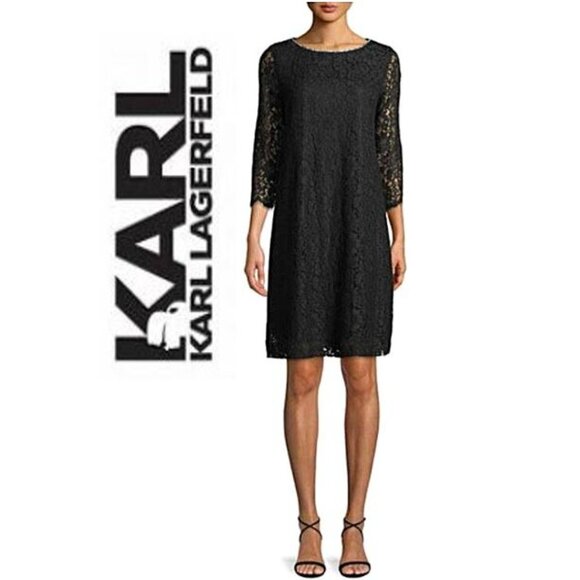 Classic LBD! KARL LAGERFELD PARIS, Black lace shift dress with crystal neckline - Picture 1 of 11